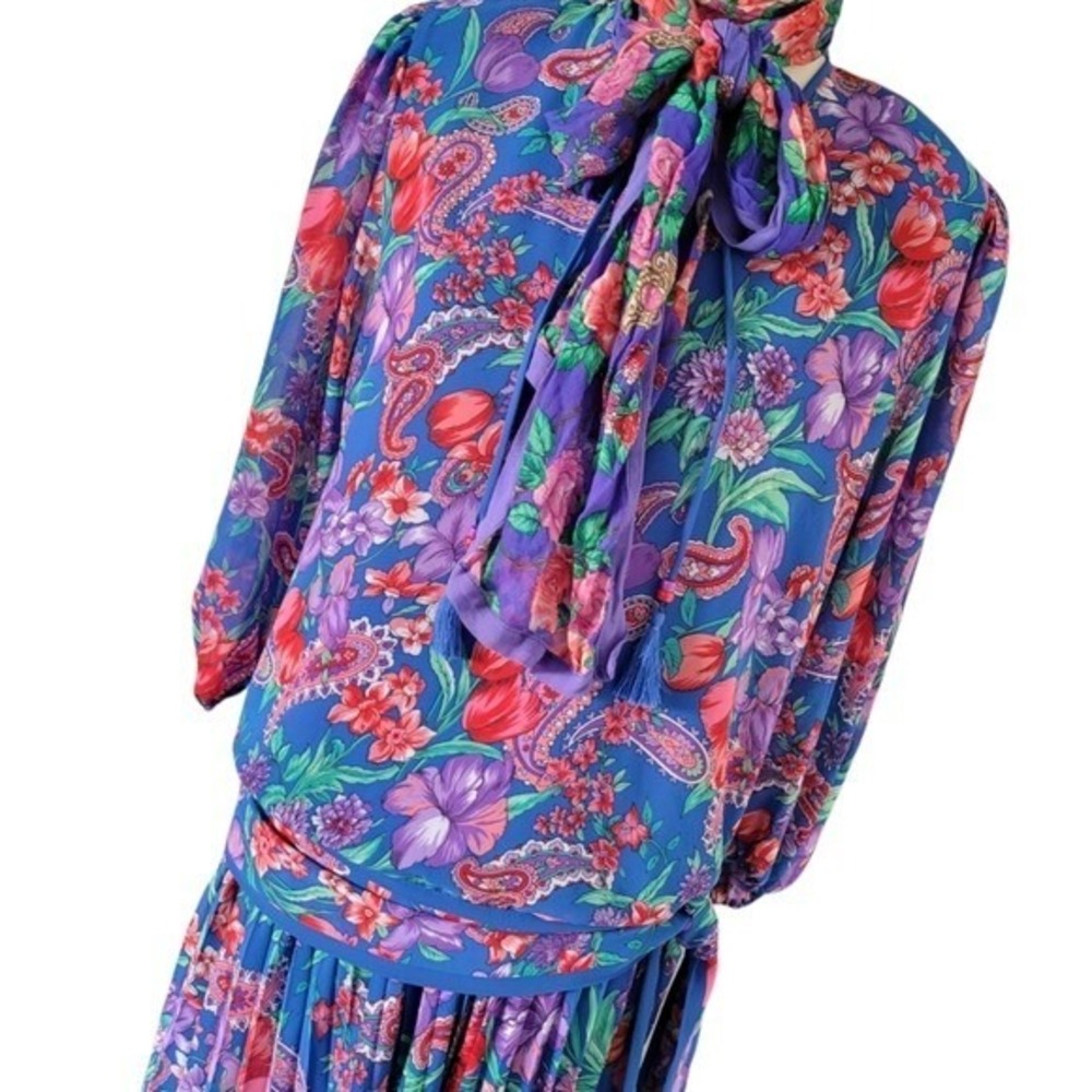Vintage 80's Diane Freis Original Blue Floral Georgette Floral 3 Piece Set - Picture 4 of 7